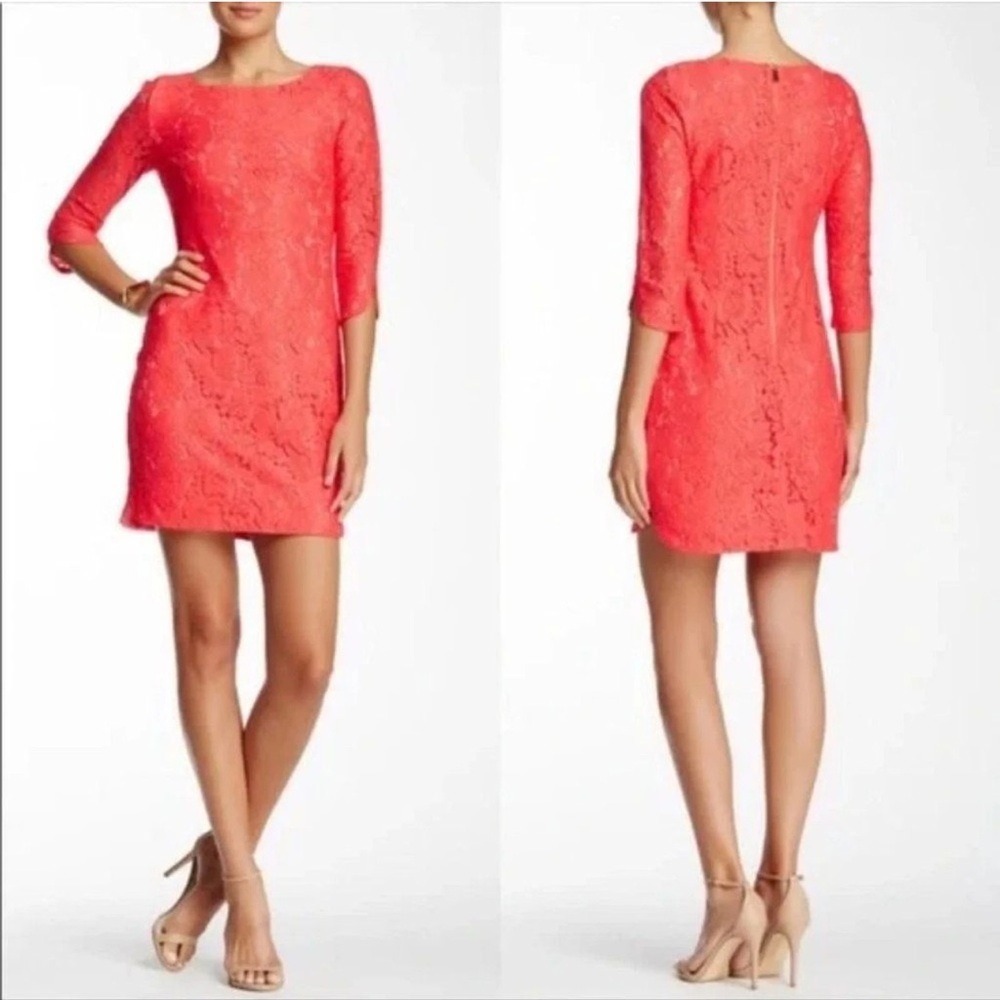 Vince Camuto Lace Shift Dress Womens 6 Coral 3/4 Sleeve‎ VC5M9871